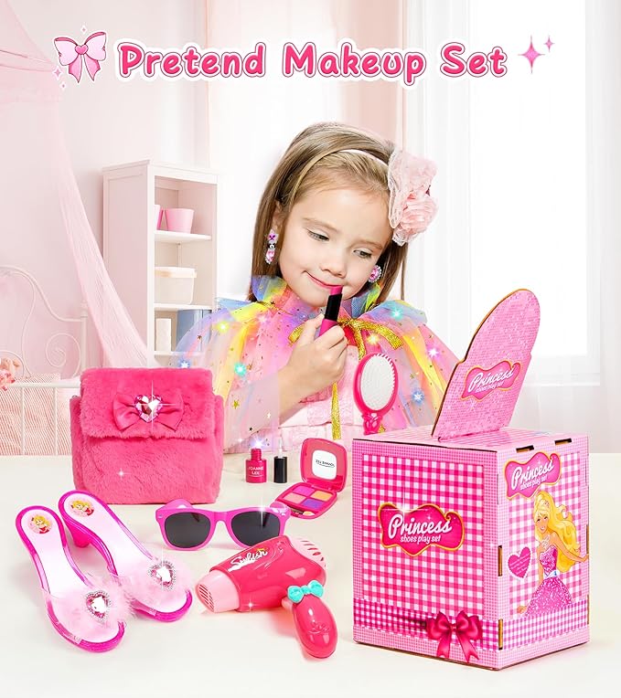 Princess Light Up Cape Dress Up Shoes, Kids Pretend Makeup Set for Girls Pretend Play Beauty Hair Salons Toys Gift for 3-6 Toddler Little Girls