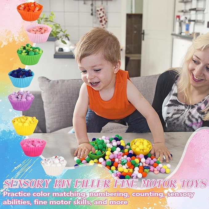 217 Pcs Duck Sensory Bin Filler Fine Motor Toys Counting Sorting 100 Felt Pompoms 100 Mini Duck Figures 8 Tweezers 8 Silicone Plates 1 Storage Box, for Counting Sorting DIY Crafts (Duck)