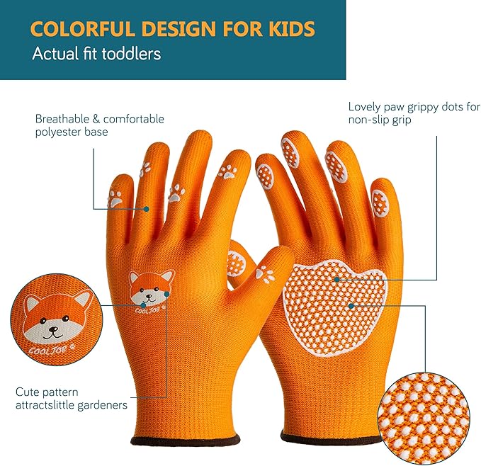 COOLJOB Medium Toddler Gardening Gloves for Little Boys Girls Ages 4-6, Breathable Kids Work Gloves with Grippy Animal Paw Dots for Children Yard Landscape, Orange Dog, 1 Pair