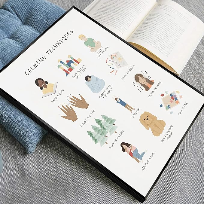 uoyien Calming Corner Classroom Mental health Poster Feelings Calming Techniques Canvas Wall Art Boho Emotions Chart for Kids Prints Special Education Wall Decor for School 16x22in Metal Framed