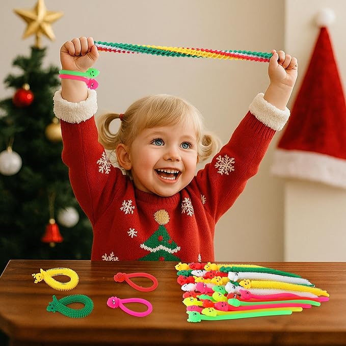 48 Pcs Christmas Stretchy Strings Fidget Toys, Colorful Stretchy Fidgets Sensory Toys, Stress Relief Stretch Sensory Bracelet String with Xmas Tree Santa Claus Snowman Elk for Party Favors (Mixed)