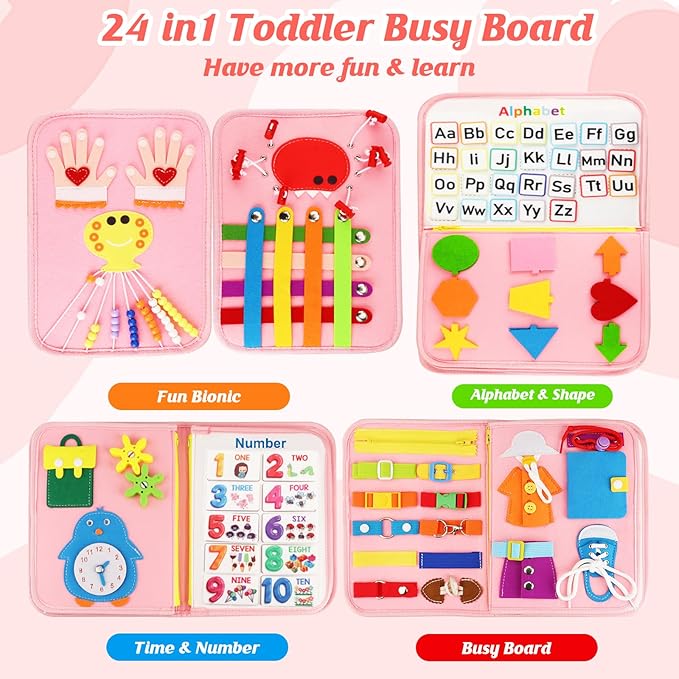 Montessori Busy Board & Busy Book for Toddler – Educational Toys for 3 Year Old Girls, Sensory Activity Board, Fine Motor Skills Learning Gift