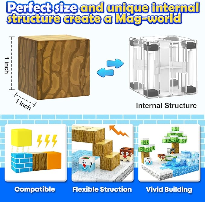 126PCS Large Magnetic Blocks-Mine Magnet World Forest & Ice Edition, Sensory Building Blocks Set STEM Construction Toys for Toddlers Kids Ages 3-5 5-7 8-13, Gifts for 3-8 Year Old Boys Girls