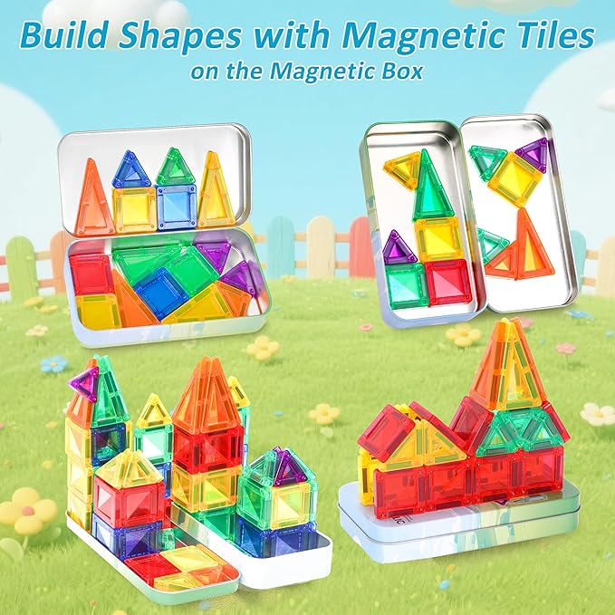 Mini Magnetic Tiles Toddler Travel Toys with Iron Box, STEM Educational Travel Set Building Toys for Kids, Travel Essential Portable Building Toys for Toddlers, Boys Girls Christmas Birthday Gift