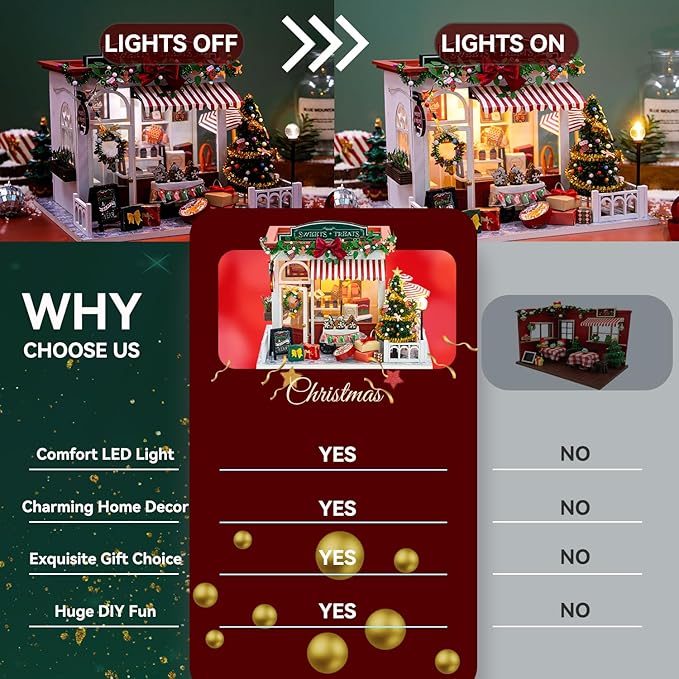 Christmas Miniature Dollhouse Kits, DIY Miniature House Kit, Tiny House with LED, Christmas Village Houses Set, 3D Wooden Puzzle Mini House, Gift for Adults