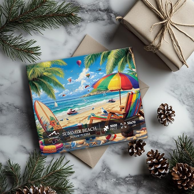 Beach Puzzles for Adults 1000 Pieces, PICKFORU Vintage Summer Puzzle Lounge Chair Beach Vacation, Difficult Seaside Puzzles for Adults, Colorful Art Puzzle as Wall Decor