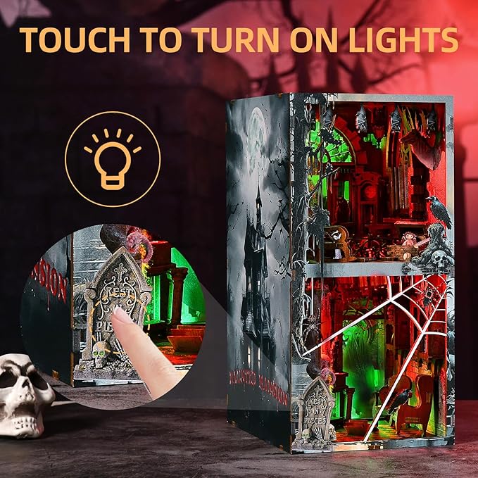 Haunted Horror Book Nook Kit, DIY Miniature Dollhouse Halloween Booknook Kit, Spooky Creepy Scary 3D Wooden Puzzle Bookend Bookshelf Insert Decor with LED Light (Haunted Mansion)