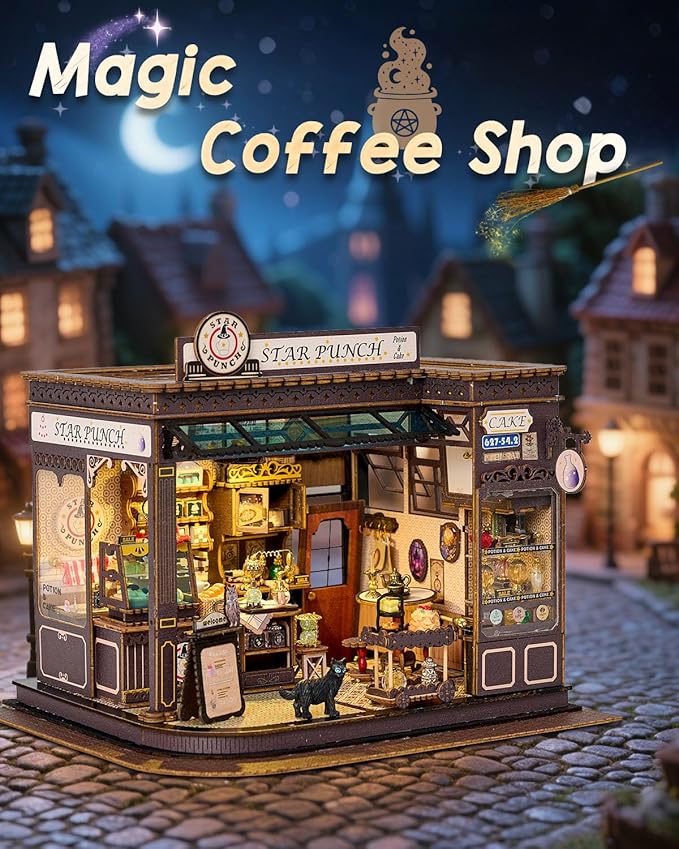 Miniature House Kit Magic Coffee Shop, DIY Miniature Dollhouse Kit for Adults, Tiny House with Furniture & LED Lights, Wooden Craft Mini Model Kits, Birthday Gift for Teens Family Friends