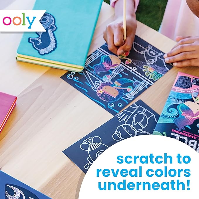 Ooly Scratch & Scribble 10pc Art Kit with 8 Total Scratch Cards (4 Illustrated, 2 Blank, 2 Rainbow) with Scratching Tool and Sparkled Stickers, Art Set Gifts for Kids - Ocean Life