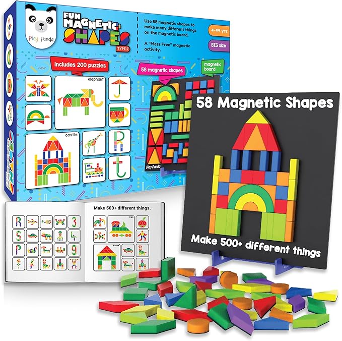 Magnetic Tangram Puzzle Learning Toy | 200 Patterns, 58 Big Magnetic Tangram Pieces with Board, Pattern Book & Display Stand | STEM Educational Toys for Kids Ages 4 5 6+ Years|Gifts for Girls & Boys