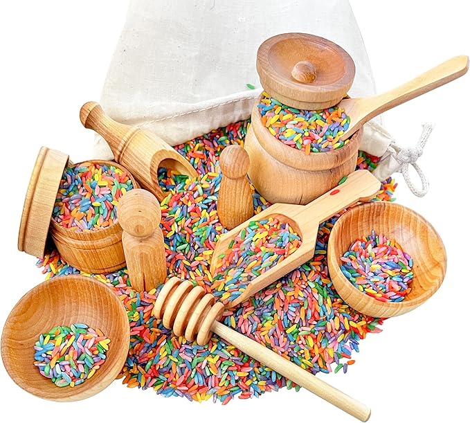 Rainbow Rice and Sensory Bin Tools (10 Pieces), Wooden Sensory Bin Tools and Scoops with Chemical-Free and Food-Safe Rice, Table Tools for Fine Motor Skills