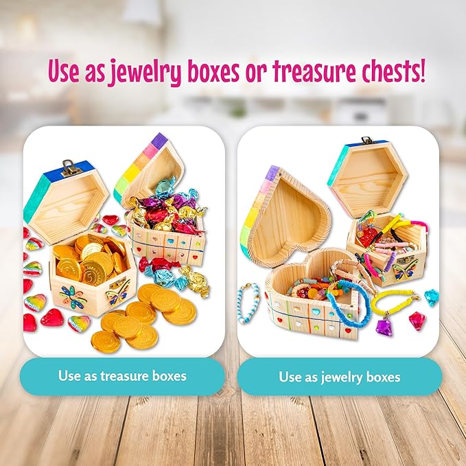 GirlZone Jewelry & Treasure Box, DIY Jewelry Box, DIY Craft for Kids Include Wooden Boxes, Shapes, Acrylic Paint Pens, Gem Stickers & Table Cover, Ideal Painting Crafts for Girls, Valentine Gifts