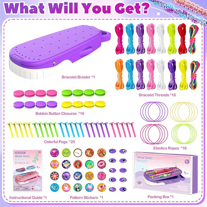 Euclidean Cube Friendship Bracelet Making Kit for Girls, Purple Whale Shaped Jewelry Making Kit for Girls Ages 8-12, DIY Arts and Crafts String Maker Tool, 7 8 9 10 11 12 Years Old Girl Birthday Gift