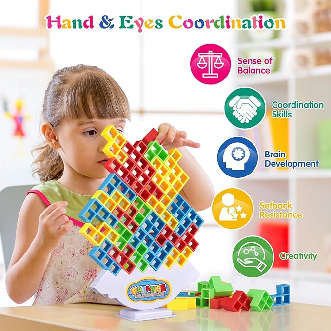 48 Pcs Tetra Tower Game,Family Board for 2 Players Family Games, Building Blocks Stacking Balance Games Toys for Kids, Adults, Friends, Classroom, Family and Travel Party