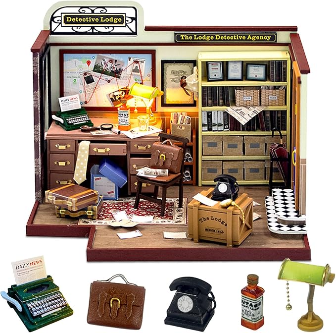 Miniature House Kit Detective Lodge, Tiny House with Furniture & LED Lights, Miniature Dollhouse Kit for Adults & Teens, Wooden Craft Gift & Hobby for Family Friends