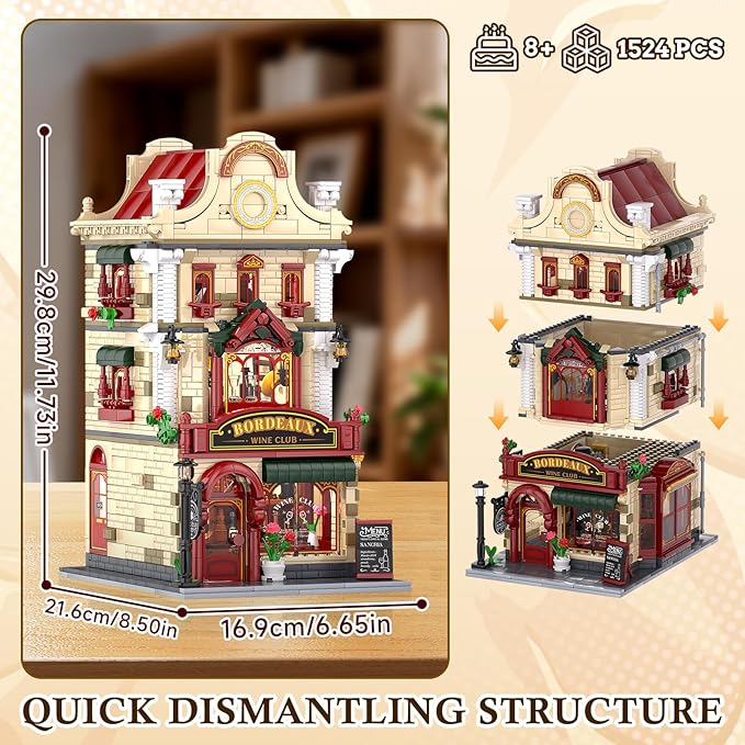 Bordeaux Wine Club Construction Building Set with LED Lights, City Town Winery Chateau House Building Kit, Vintage Collectible Model, Creative Christmas Birthday Gift for Adult Teen,1524 Pcs