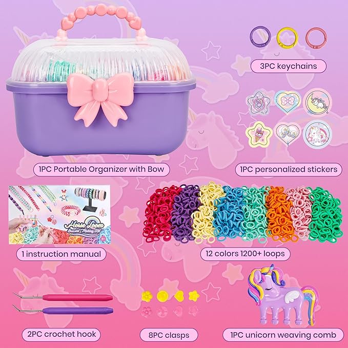 Bracelet Making Kit for Girls Ages 8-12, Weaving Rainbow Bands kit,DIY Toys for Friendship Birthday Gifts for Kids 6 7 9 10 11 13 Year Old, 1200+ Elastic Cloth Rubber Band Fabric Loops