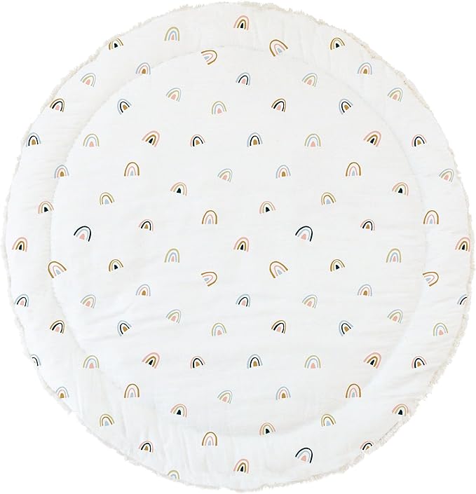 MakeMake Organics Organic Play Mat GOTS Certified Organic Cotton Nursery Floor Rug Washable Reversible Non Toxic Activity Mat Tummy Time Crawling Pad Thick Quilted (Round 48", Rainbow, White)