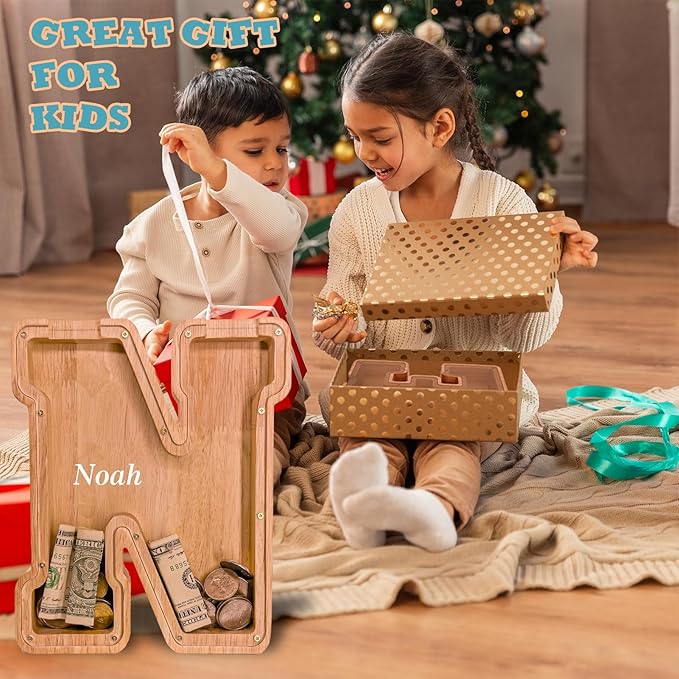 Wooden Letter Piggy Bank for Kids Larger Letter Piggy Bank for Boys and Girls Personalized Piggy Bank Initial Coin Bank Wood Kids Money Bank for Birthday and Festival