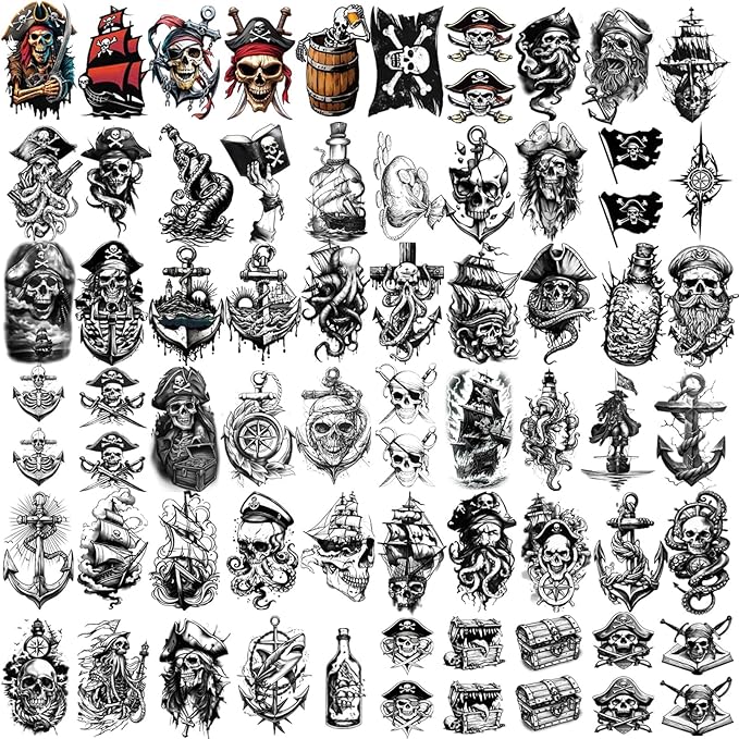 77 Sheets Temporary Tattoo, 17 Sheets Half Arm Pirate Captain Skull Compass Fake Tattoos for Women Men, 60 Sheets Pirate Anchor Sword Flag Realistic Tiny for Adult Kids Body Tattoos Stickers