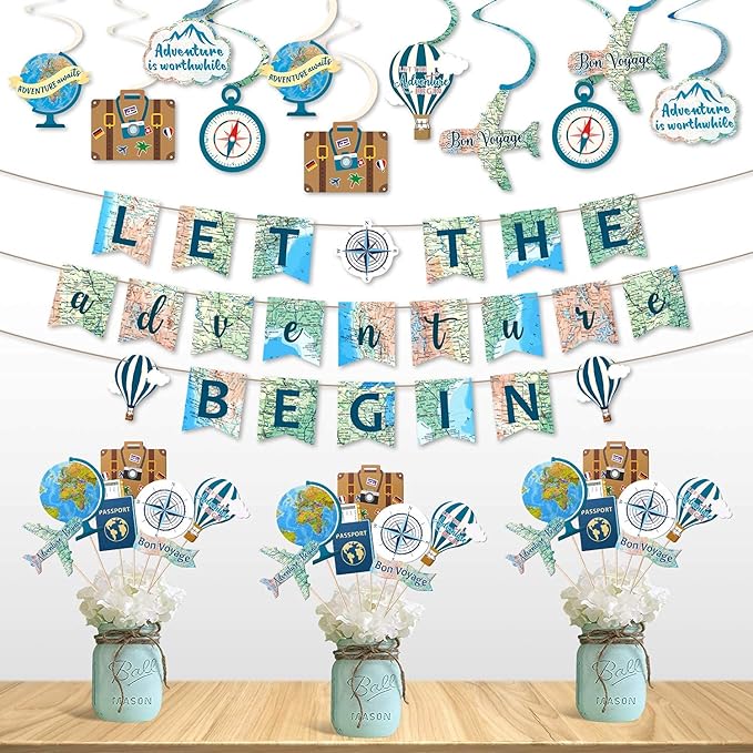 52 PCS Travel Themed Party Decorations Set Let the Adventure Begin Banner Centerpieces Sticks Hanging Swirls for Bon Voyage Retirement Farewell Party World Awaits Birthday Baby Shower Decor Supplie
