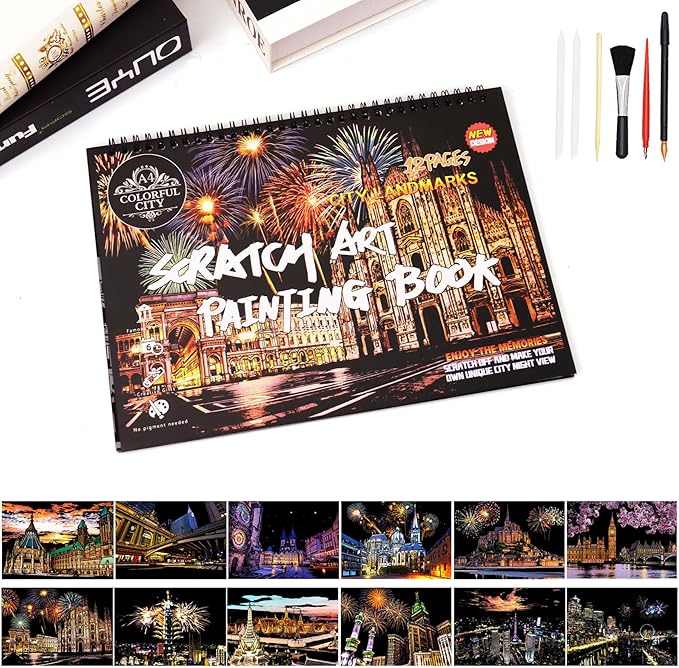 Scratch Art Book for Adults - 12PCS Scratch Painting Foil Art for Adults Scratch City Series Books Foil Engraving Scratch Art Adult Set with 6 Tools