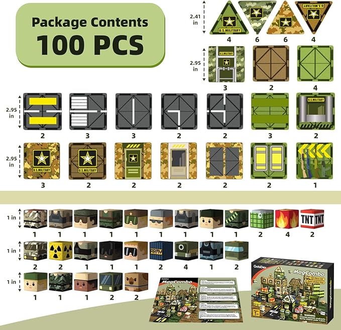 GobiDex 100PCS Magnetic Building Blocks Army Toys, STEM Military Magnetic Tiles with Army Men, Magnet Construction Toys for Toddler Kids Ages 3-5 5-7 4-8, Birthday Gifts for 3+ Year Old Boys Girls