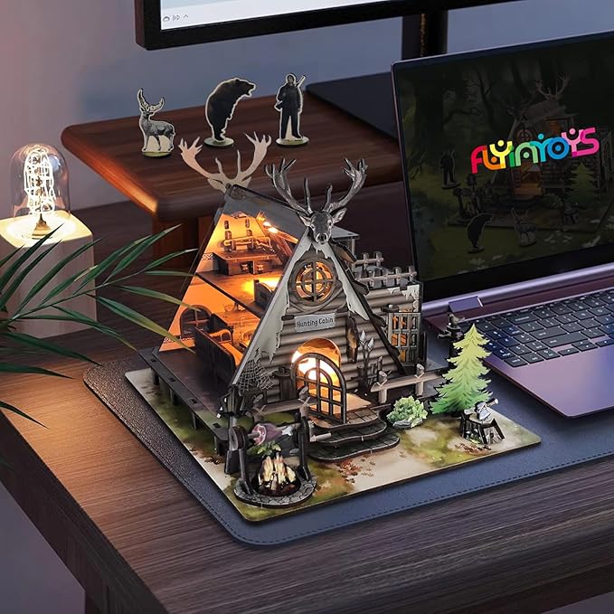 Model Kit Adult Miniature House Kit, Doll Houses Book Nook DIY Kit with Furniture and USB -LED Light, Bookshelf Miniature Scenes, Dollhouse Kits for Adults, Children (Hunting-Cabin)