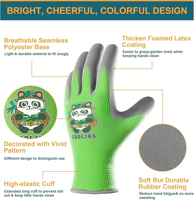 COOLJOB 3 Pairs Kids Gardening Gloves for Little kid Age 3-5, Children Toddlers Boys Grippy Rubber Coated Work Gloves, Red & Green & Blue (Explorer, Small S)
