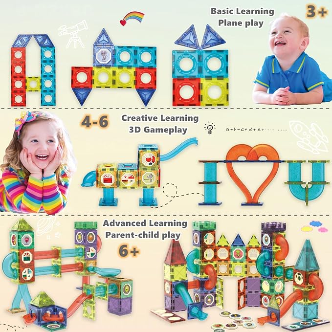 Magnetic Tiles Building Blocks Toys for Kids,144 PCS Magnet STEM Construction Set with LED Lights & Marble Run | Educational Learning Creative Gifts for Kids Ages 5-12 Boys and Girls