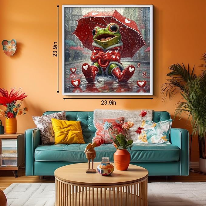 Cute Frog Puzzles for Adults 1000 Pieces, PICKFORU Happy Rain Fun Jigsaw Puzzle Umbrella, Challenging Colorful Love Hearts Theme as Art Decor