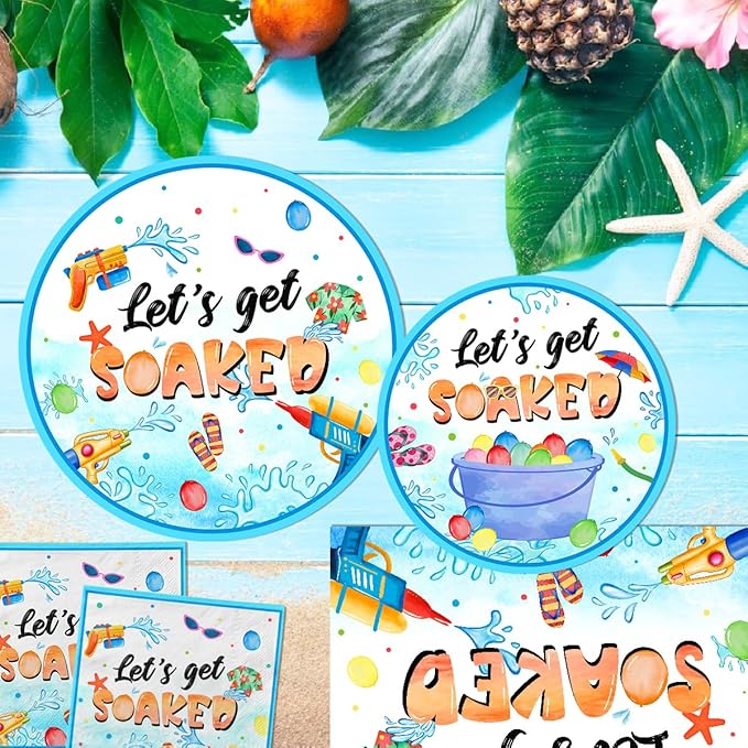 Summer Party Decorations,Pool Party Supplies Tableware Set,Let's Get Soaked Water Gun Pool Party Include Dinner Plates,Napkins,Tablecloth,for Summer Beach Kids' Birthday Hawaiian Decorations