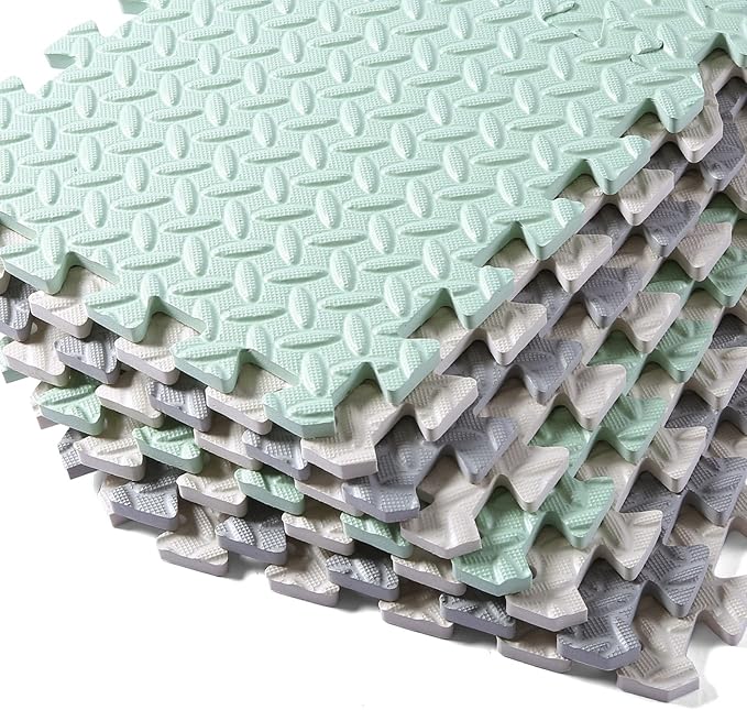 Foam Floor Mats for Kids, 12 x 12 Inch 16 Tiles 0.4" Thickness Foam Play Mat, Non-Toxic Square Interlocking Floor Mats Rubber Baby Play Mat for Toddlers(White/Gray/Bean Green)