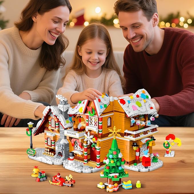 2025 Christmas 3 Style Gingerbread House Building Set with Light - 1477PCS Christmas Village Castle Building Block Toy with Santa Claus Xmas Tree Train for Adults Kids Girls Boys Ages 6+