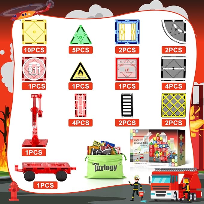 Magnetic Tiles Road Set with Magnetic Crane Edition, Magnet Building City Fire Kids Car Toys for 3 4 5 6 7 Years Old Boys Girls, Magworld Kids Games Construction STEM Toys for Boys Gifts