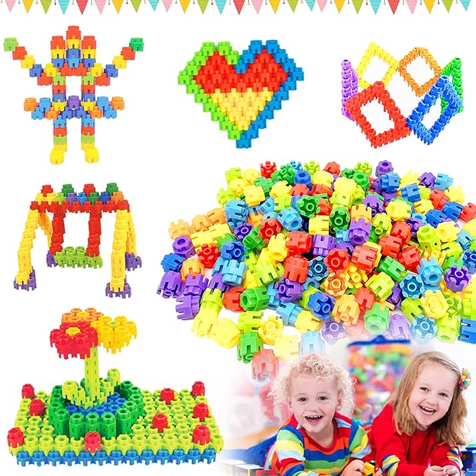 300 Pcs Kids Building Blocks with Storage Bag - Interlocking, Colorful Stem Toys for 3+ Year Old - Connects Building Toys for Kids Learning - Kindergarten Educational Toys for 3-5 Years