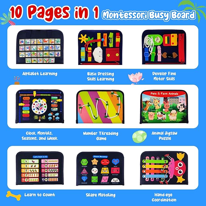 TenFans Busy Board - Montessori Toys for 3+ Year Old - Sensory Toys for Toddlers 3-5 - Gifts for Boys Learning Fine Motor Skills - Educational Activities Travel Toys for Car Airplane