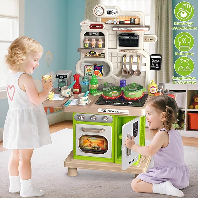 Play Kitchen Set, Kids Kitchen Playset with Realistic Sound & Light, Cooking Stove, Sink, Play Food and Accessories, 57 Pcs Kitchen Toys Gifts for Toddlers 2-4 3-5 Boys Girls (Green)