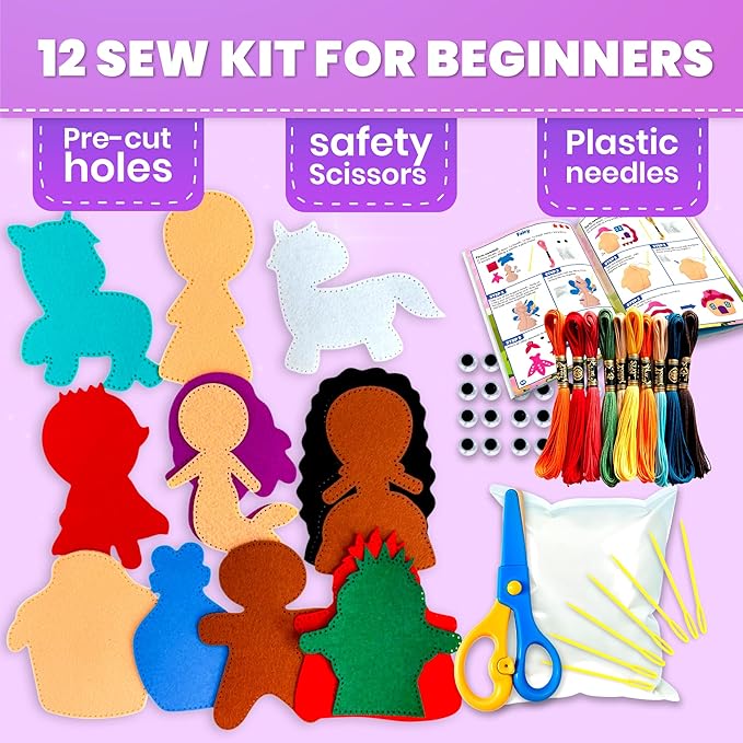 QUOKKA Kids Crafts Ages 7-8, DIY Beginner Needle and Thread Kit - 12 Fairy Tale Sewing Kit Basic - Fun Arts Crafts for Kids Ages 6-8 Girls Boys - Plastic Needles, Scissors - 7+ Year Old Girl Gifts