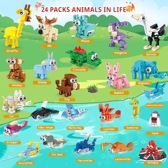 Building Sets 24 Packs Party Favors for Kids, 3 in 1, 72 Kinds of Transformable Animal Building Block Toy, Goodie Bag Stuffers, Classroom Student Prizes Christmas Birthday Gifts for Kid Age 6+