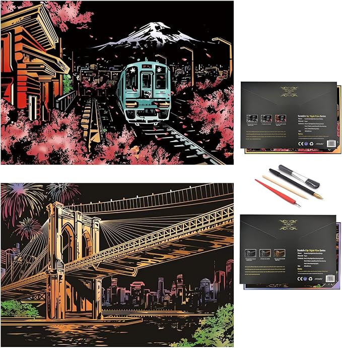 Scratch Rainbow Painting Art Paper,Scratch Art Crafts Set for Adults&Kids,Scratch Painting DIY Creative Gift with 4 Tools,16''x11''(Mt. Fuji&Brooklyn Bridge)