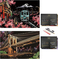 Scratch Rainbow Painting Art Paper,Scratch Art Crafts Set for Adults&Kids,Scratch Painting DIY Creative Gift with 4 Tools,16''x11''(Mt. Fuji&Brooklyn Bridge)