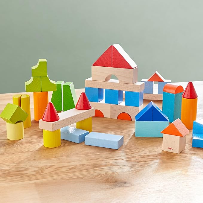 HABA Colored Wooden Building Blocks - 46 Piece Set of Wooden Toys, Stacking Toys for Toddlers 1-3 for Open Ended STEM Play, Made in Germany