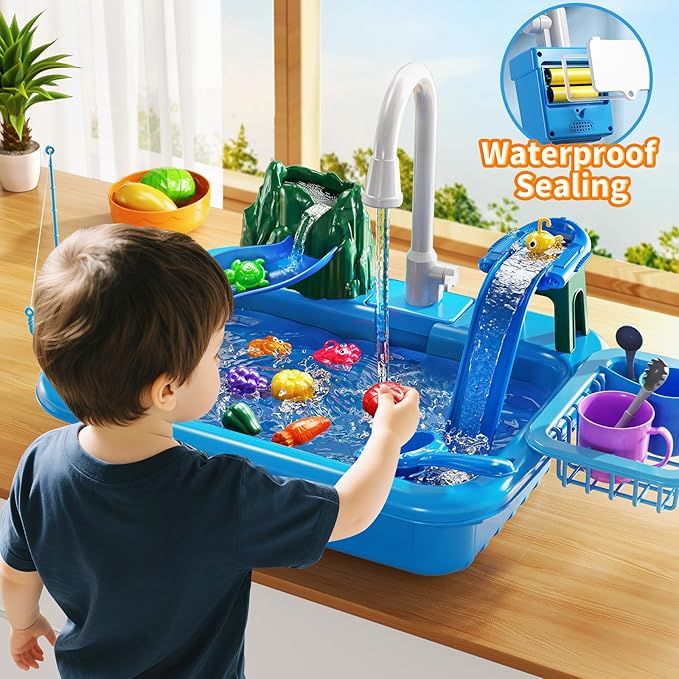 Water Table Play Sink Toy for Kids 2 3 4 5 6 Years Old - Outdoor Kitchen with Running Water, Fishing Games, Toddler Water Play Table for Kids Ages 3-8, Beach Outdoor Toys, Summer Gifts