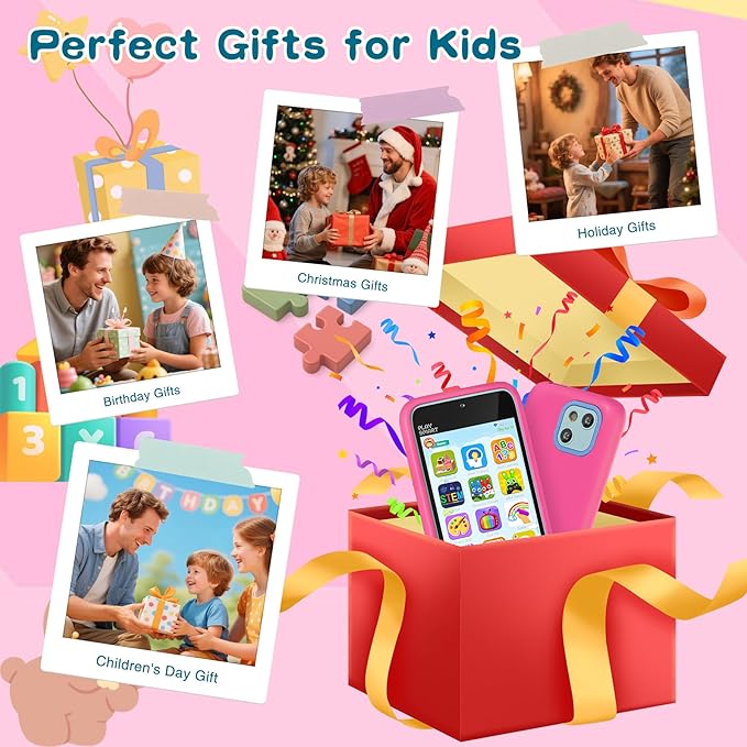 Kids Toy Phones with Dual Camera, Learning Toys Phones Gifts for Kid 3-12 with 200+ Educational Puzzle Games, 4" Touchscreen Rechargeable Pink Child Smartphones with Parental Control