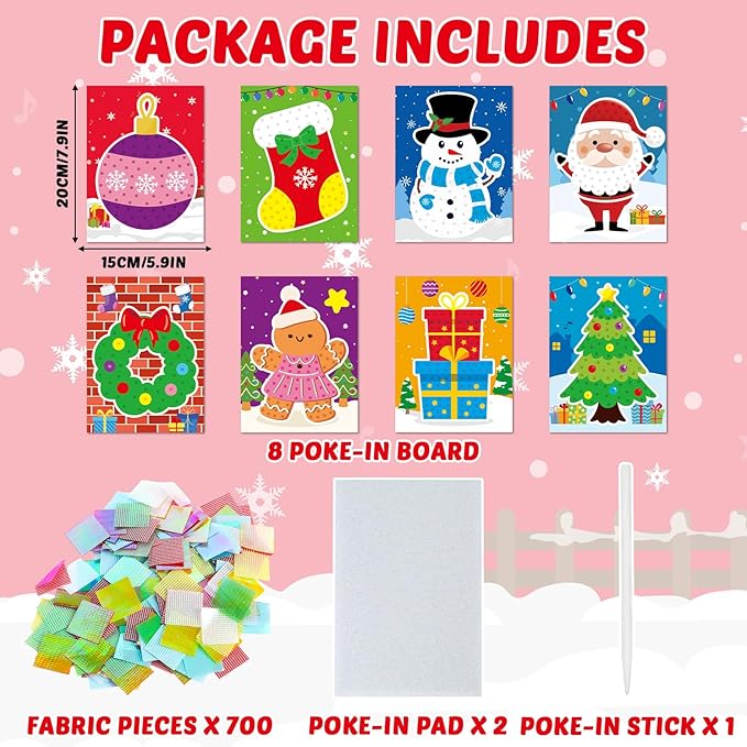 Lonfliness 8PCS Poke-in Craft and Art Kits Kids Christmas No-Mess Fabric Sewing Art Girl Boy 4-12 Puzzle Puncture Painting Santa Snowman Gingerbread Xmas Toy Gift Creative Activity Game Birthday Party