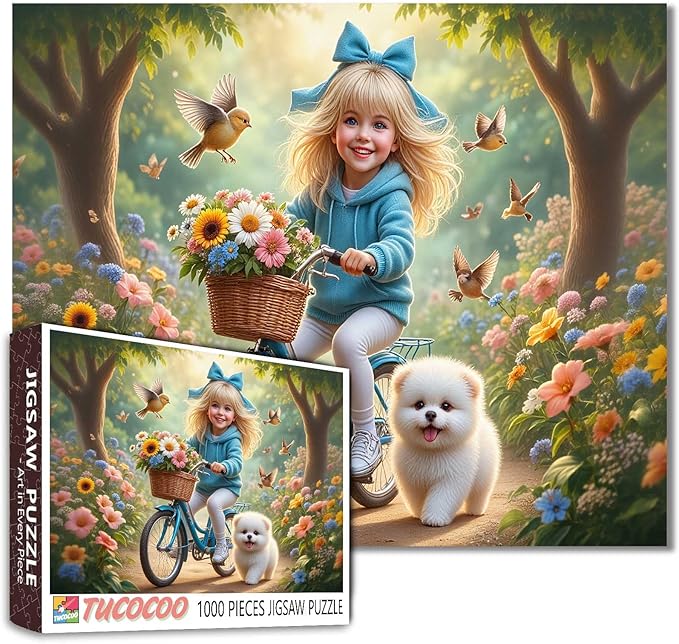 Tucocoo 1000 Piece Jigsaw Puzzle for Adults, Cute Girl on Bicycle with Puppy and Flowers – Whimsical Fantasy Puzzle for Adults, Scenic and Relaxing Art Puzzle for Stress Relief, Wall Decor DIY Gifts