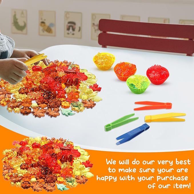 147 Pcs Fine Motor Toys Counting Sorting Fall Decorations, Sensory Bin Filler, 135 Acrylic Fall Leaves Pumpkin 4 Tweezers 2 Scissors Clips 5 Cups Storage Box for Fall, Autumn Thanksgiving Decor