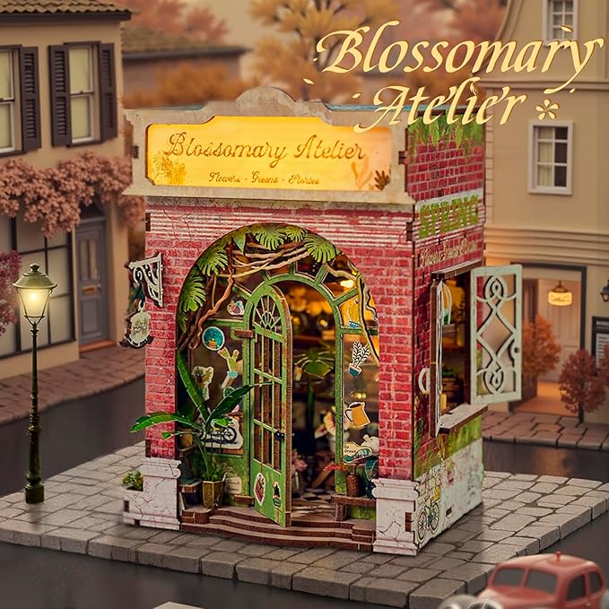 DIY Miniature House Kit,Flower Shop Miniature Dollhouse Kit with LED & Furniture,Mini Diorama House Building Kit for Adults Beginners,Tiny House Mini Model Kit 3D Wooden Crafts,Bookshelf Decor Gifts