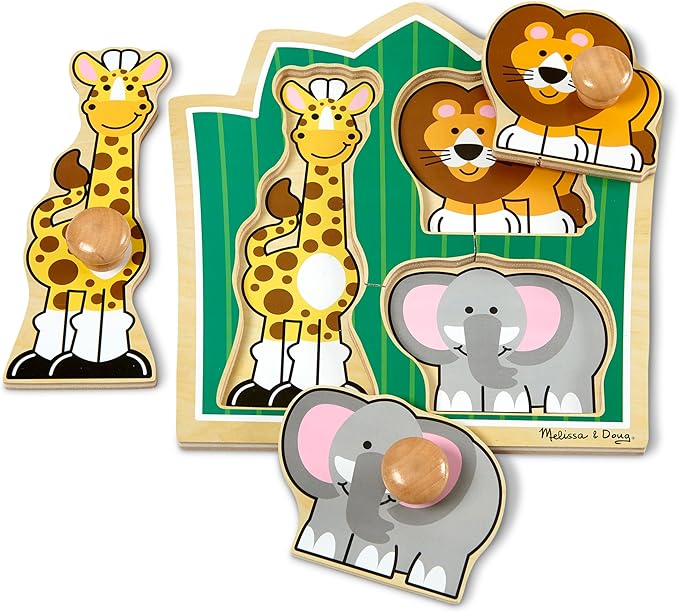Melissa & Doug Jungle Friends Safari Animals Jumbo Knob Puzzle, Wooden Peg Puzzle for Toddlers, Educational Toy for Shape Recognition and Fine Motor Skills, Ages 1+